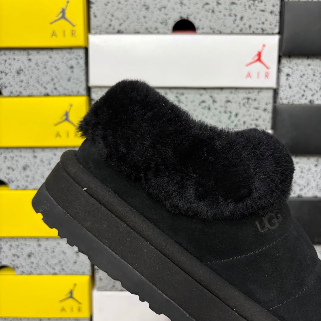 UGG Tazz Platform Slip-On Slipper – Suede Moccasin with Tonal Black Shearling Cuff & All-Black Platform Sole in Black