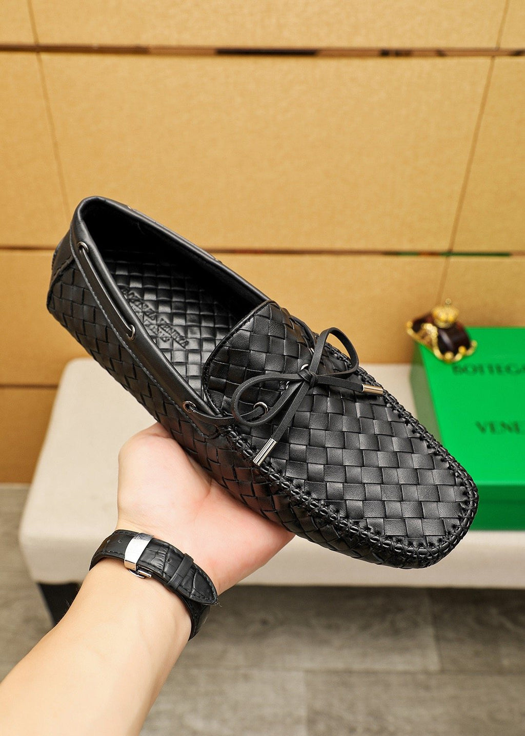 Bottega Veneta Black Woven Lace-Up Loafers