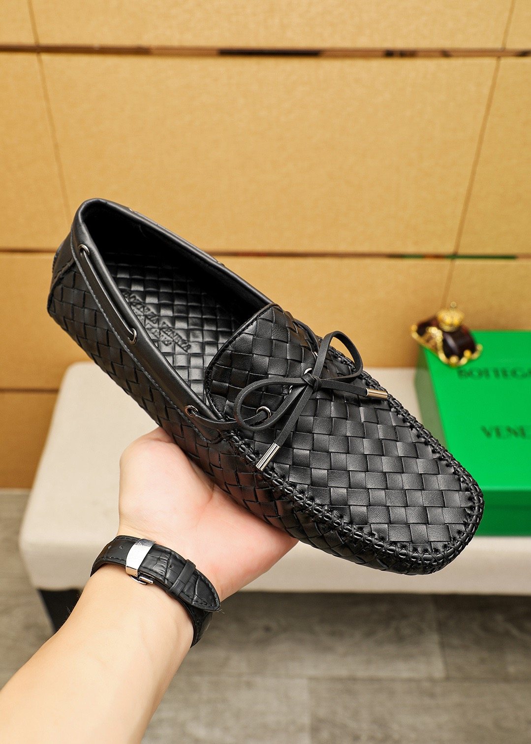 Bottega Veneta Black Woven Lace-Up Loafers