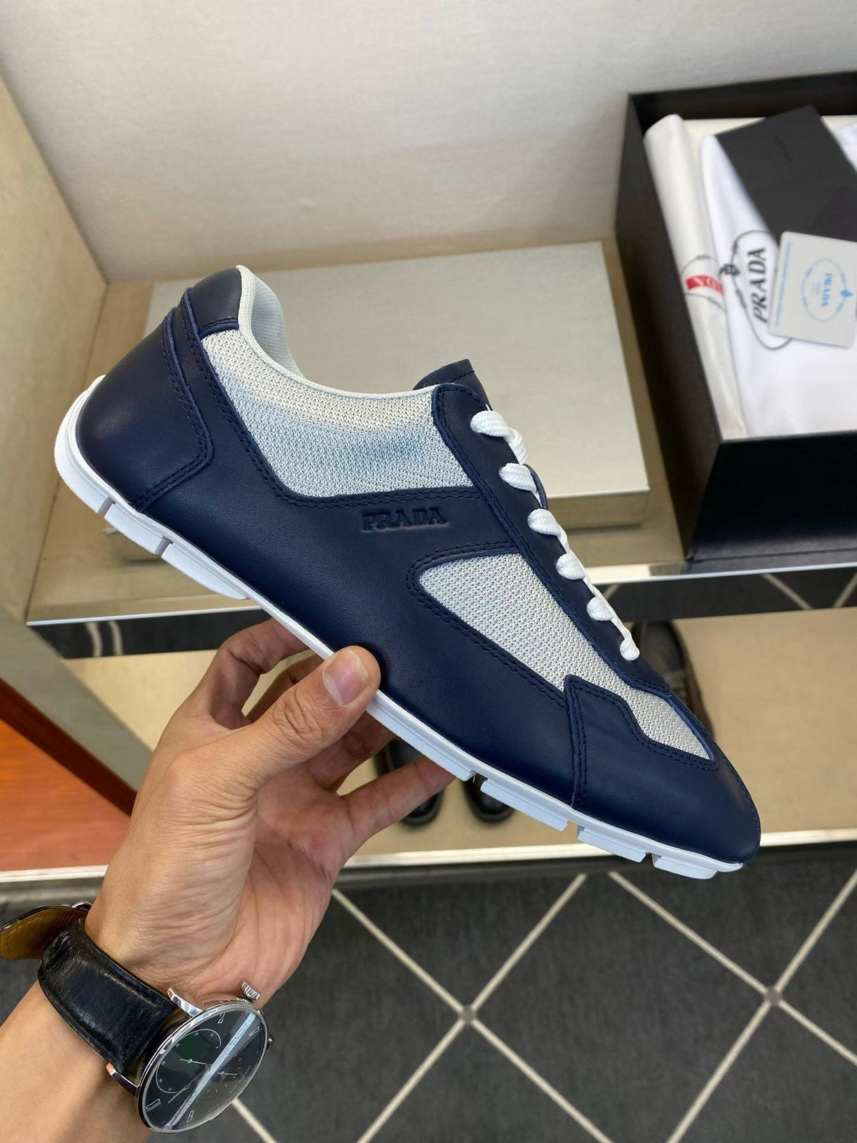 Prada Men's Navy Blue Panel Low-Top Sneakers
